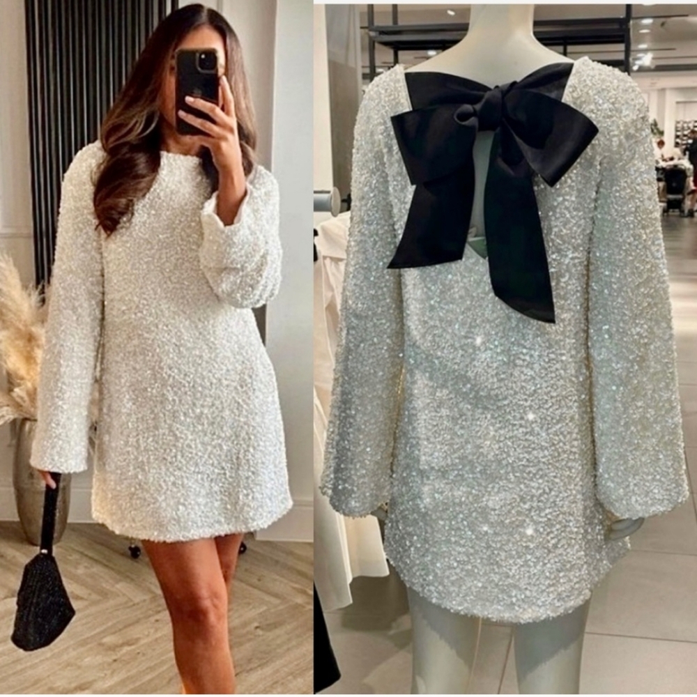 H&M Limited Edition White Sequined Bow Dress RARE NWT Size L